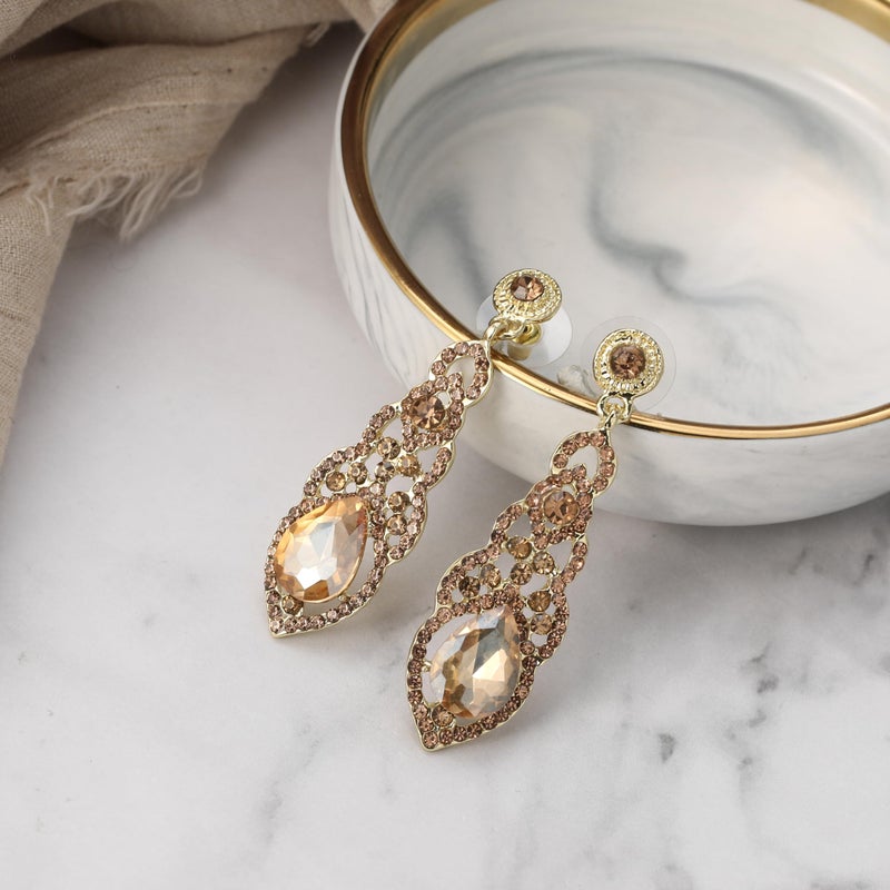 BriLove Long Large Dangle Earrings for Women Crystal Art Deco Teardrop Hollow Chandelier Statement Jewelry Champagne Gold-Toned - Image 4